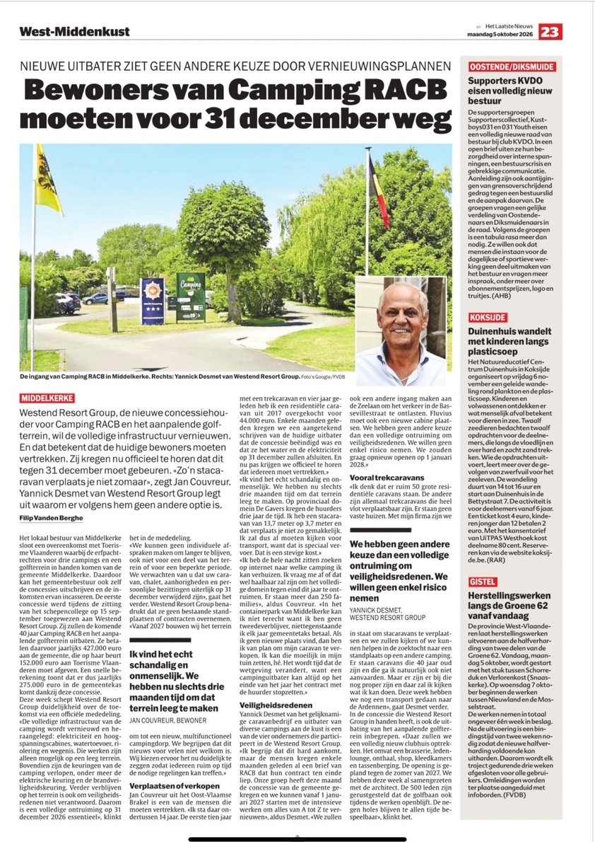 Krantenartikel Het Laatste Nieuws, 5 oktober 2026: Bewoners van Camping RACB moeten voor 31 december weg