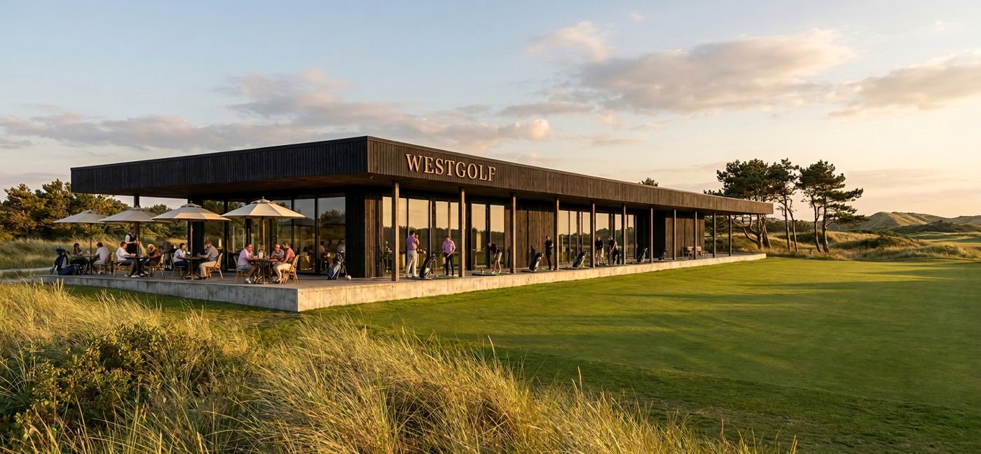 Het nieuwe clubhuis van Westgolf bij avondlicht, sfeerbeeld