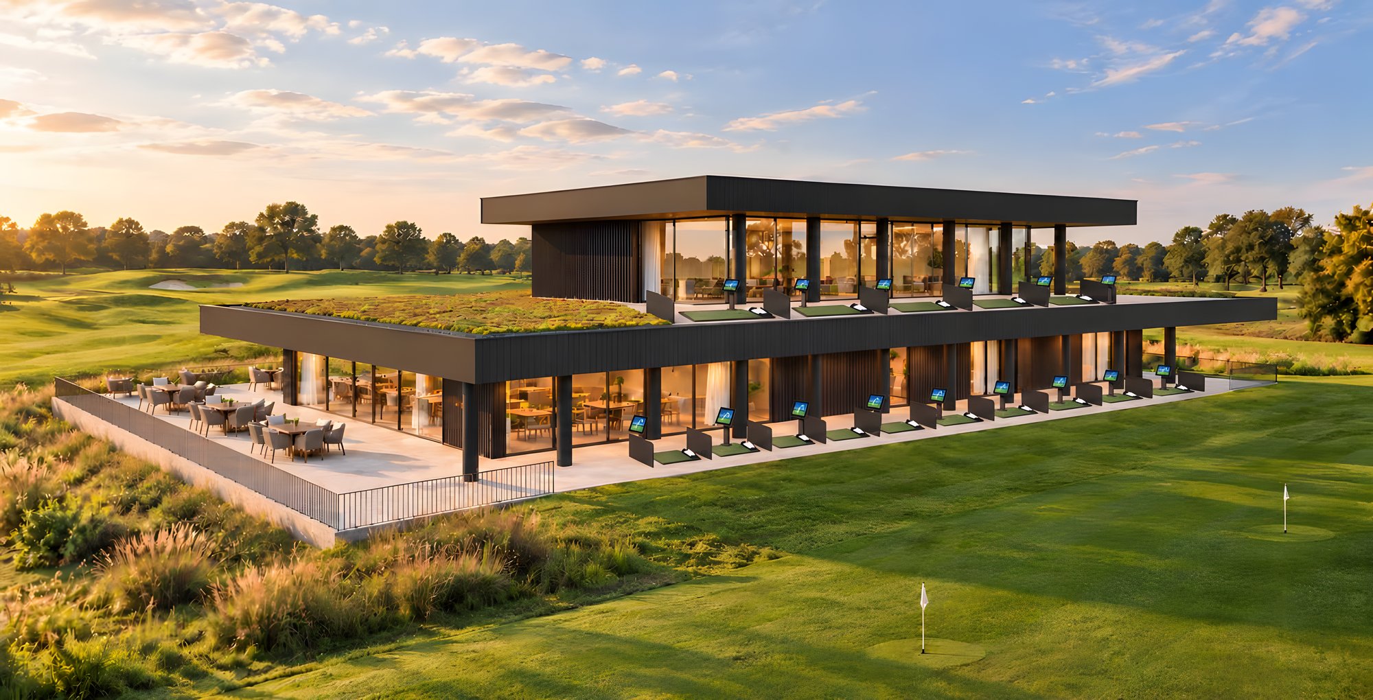 Het nieuwe clubhuis van Westgolf met overdekte driving range bij avondlicht, sfeerbeeld